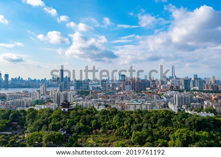 Aerial view of  Wuhan city .Panoramic skyline and buildings beside yangtze river. Royalty-Free Stock Photo #2019761192