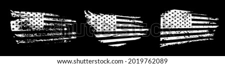 Black and white American flag in grunge style set. Vintage rough textured design vector illustration. Monochrome stripes and stars sketches of USA. Creative national symbol icons.