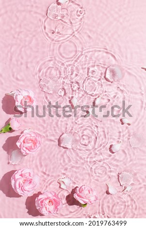 Water background. Pink aqua texture, surface of ripples, transparent, flower, shadows and sunlight. Spa and cosmetic concept background. Flat lay, top view, copy space, banner Royalty-Free Stock Photo #2019763499