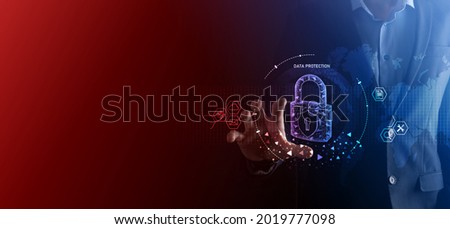 Cyber security network. Padlock icon and internet technology networking. Businessman protecting data personal information on tablet and virtual interface. Data protection privacy concept. GDPR. EU. Royalty-Free Stock Photo #2019777098