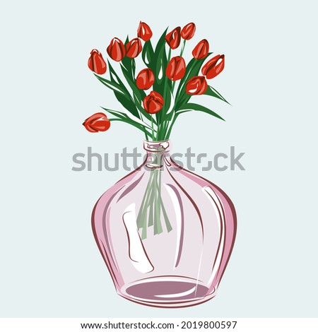 Tulips in a glass or clay vase. Decoration of the interior with plants. Home comfort. Nature, flowers. Isolated vector objects.