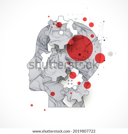 The human head is made in the style of a frame with gears. Topography in the contour.  Vector art.