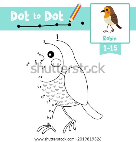 Dot to dot educational game and Coloring book of Robin bird animals cartoon for preschool kids activity about learning counting number 1-15 and handwriting practice worksheet. Vector Illustration.