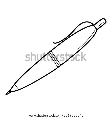 A ballpoint pen. Doodle. Stationery, office supplies. Hand-drawn black and white vector illustration. The design elements are isolated on a white background