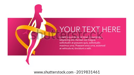 Weight loss challenge diet program modern banner template - slim woman silhouette with measuring tape around and place for slogan or company name. Vector illustration Royalty-Free Stock Photo #2019831461