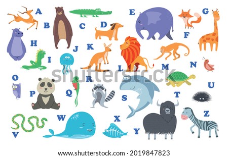 Set of Cute cartoon wild and farm domestic animals and birds isolated on white transparent background