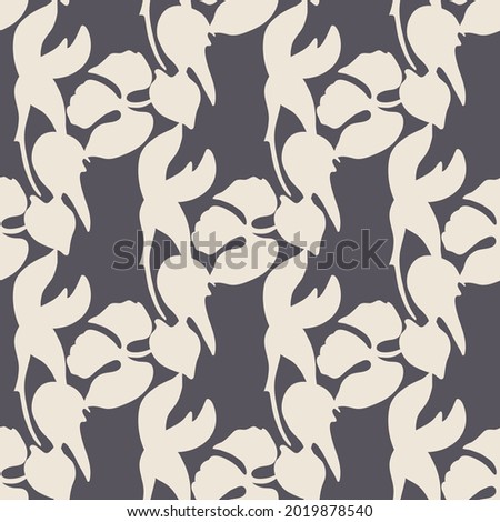 Seamless whimsical cute pattern of large abstract white botanical shapes on navy background.Endless floral ornament.Backdrop for fabric,textile,linen,covers,wrapping,decoupage,women clothes.Vector