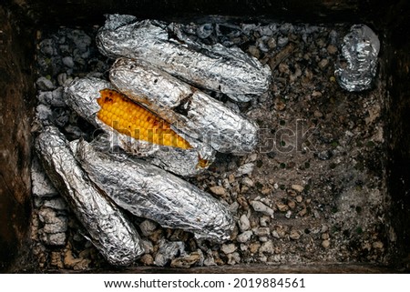 Grilled sweet corn in a campfire. Coocked vegetables in a aluminium foil outdoors. Creative photo.