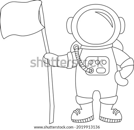 Astronaut with a flag in black and white for coloring. Vector illustration.