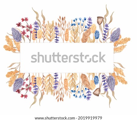 Hand drawn watercolor  wildflowers wreath illustration.Watercolor Meadow Florals Frame, Dried Herbs Clip art, Vintage Field Flowers, Herbarium, Wedding Invites, Logo