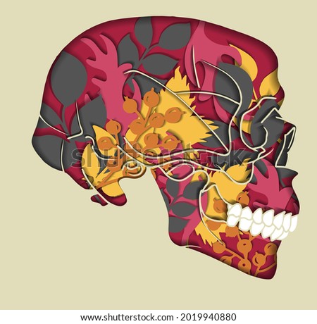 Abstract illustration with skull and leaves in the paper cut style