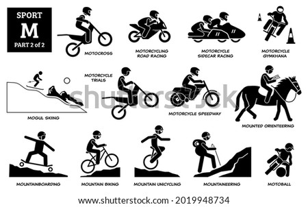 Sport games alphabet M vector icons pictogram. Motocross, motorcycling road racing, sidecar, gymkhana, mogul skiing, motorcycle trials, speedway, mounted orienteering, moutainboarding, and motoball.