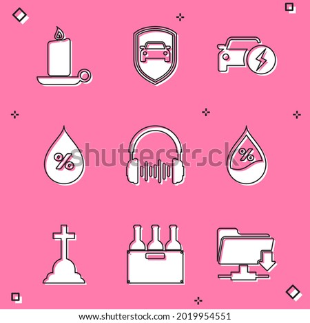 Set Burning candle in candlestick, Car protection or insurance, Electric car, Water drop percentage, Headphone sound waves and  icon. Vector