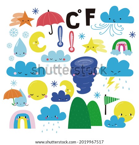 Set of carton weather graphic. Childish cute clip art. Vecto hand drawn illustration.