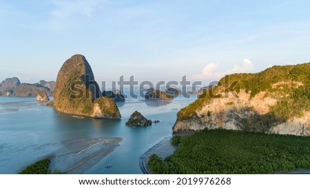 Aerial view Drone shot of Sametnangshe landscape view located in Phang-nga Thailand Beautiful sea Amazing landscape nature view