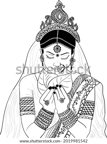Indian wedding clip art of INDIAN WOMEN IN SAREE WELCOME BY HANDS ILLUSTRATION BLACK AND WHITE CLIP ART WEDDING SYMBO. Indian marriage symbol or wedding clip art of swagatam "Welcoming" illustration.