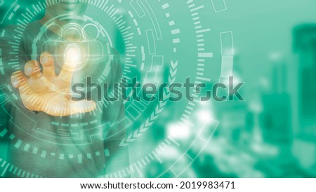 Businessman on blurred background using flying network connection interface, e-commerce, fingerprint scan provides security access with biometrics identification. technology safety internet concept.