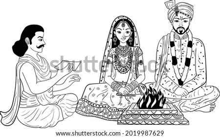 Indian wedding clip art of bride and groom marriage Hinduism style. Indian Hinduism symbol wedding clip art pandit giving blessings to the new married Indian couple in front of hawan illustration.