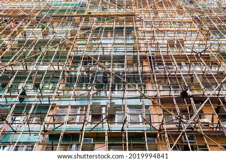 Traditional bamboo scaffoldings around a building in Hong Kong, China