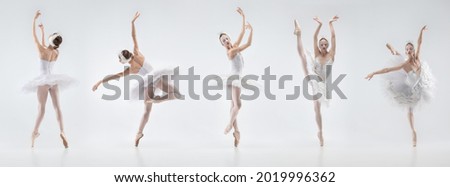 White swan. Development of movements of one beautiful ballerina dancing isolated on white background. Female dancers in ballet dress, tutu. Concept of art, beauty, aspiration, creativity. Royalty-Free Stock Photo #2019996362
