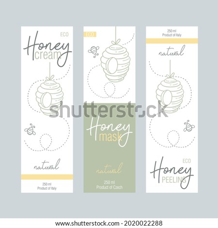 Set of labels for cosmetics with bee honey. Design templates for cosmetics packaging. Royalty-Free Stock Photo #2020022288