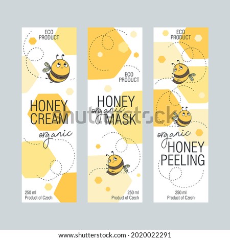 Set of labels for cosmetics with bee honey. Design templates for cosmetics packaging. Royalty-Free Stock Photo #2020022291
