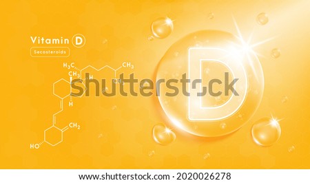 Drop water vitamin D orange and structure. Vitamin complex with Chemical formula from nature. Beauty treatment nutrition skin care design. Medical and scientific concepts. 3D Realistic Vector EPS10. Royalty-Free Stock Photo #2020026278