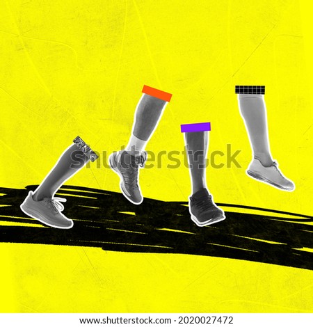 Image of cropped male and female legs in sport shoes over bright yellow background with drawn black lines. Inspiration, creativity and sports concept