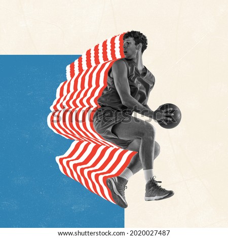 Image of young male athlete, professional basketball player training with ball over white and blue background. Repeating silhouette image. Inspiration, creativity and sports concept
