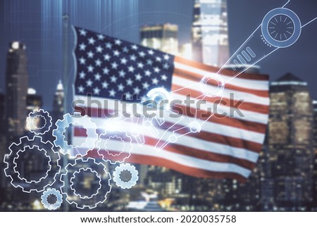Double exposure of abstract virtual robotics technology hologram on USA flag and blurry cityscape background. Research and development software concept