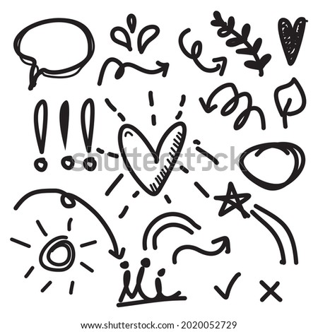 Hand drawn doodle set elements, black on white background. Arrow, heart, love, star, leaf, sun, light, flower, crown.