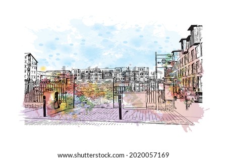 Building view with landmark of Gloucester is a city in England. Watercolor splash with hand drawn sketch illustration in vector.