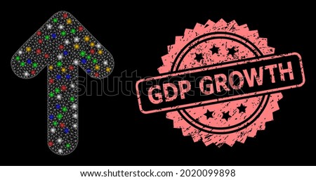 Glowing mesh net arrow up with glowing spots, and GDP Growth corroded rosette stamp seal. Illuminated vector mesh created from arrow up pictogram. Pink seal includes GDP Growth title inside rosette.