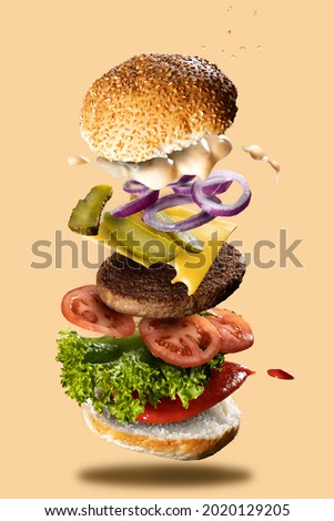 Deconstructed "flying hamburger" featuring a vegetarian burger, on a neutral background. Royalty-Free Stock Photo #2020129205
