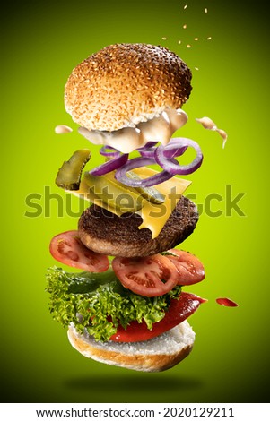 Deconstructed "flying hamburger" featuring a vegetarian burger, on a green background. Royalty-Free Stock Photo #2020129211