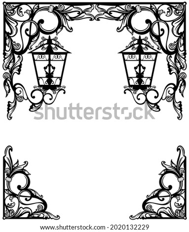 antique style calligraphic floral ornament forming copy space frame with hanging streetlights -  black and white vintage vector decorative background design with page border and corners