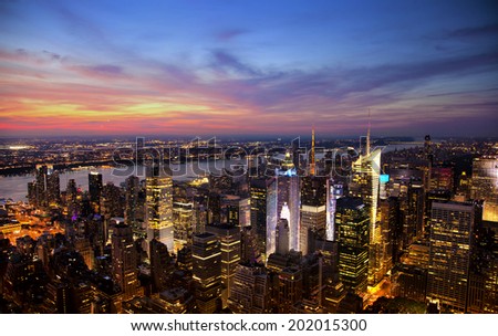 Aerial view of the New York City skyline at sunset