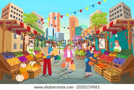 Organic food market street with people. Food market stalls with fruits and vegetables.Vector cartoon wooden marketplace tents with farm produce.