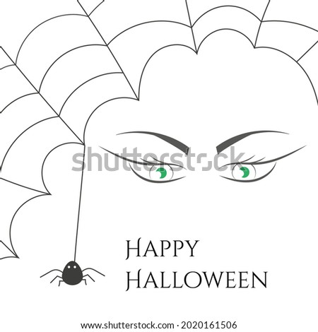 Cobweb with spider and witch green eyes. Happy Halloween banner isolated on white background