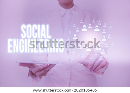 Text caption presenting Social Engineering. Business showcase attack photo that relies heavily on human interaction Lady Holding Tablet Pressing On Virtual Button Showing Futuristic Tech.