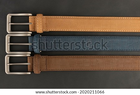 A set of genuine sueded alligator grain croco leather belts in brown and navy blue. These colorful mens fashion accessories are isolated on black.