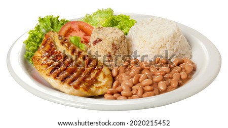chicken fillet, rice, beans, manioc flour and salad on white background, typical brazilian food. Royalty-Free Stock Photo #2020215452
