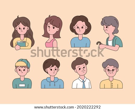 A collection of avatars by age with cute faces. outline simple vector illustration.