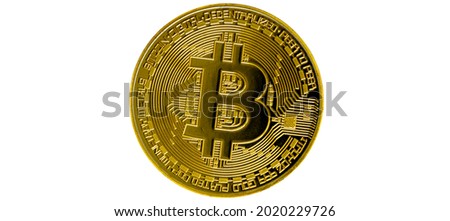 Bitcoin isolated on white background. Cryptocurrency - photo of golden bitcoin physical gold coin. Symbol of the crypto currency. Royalty-Free Stock Photo #2020229726