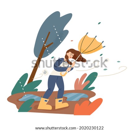 It was raining and a strong wind blew, and the umbrella of a person walking down the street turned over. flat design style vector illustration. Royalty-Free Stock Photo #2020230122