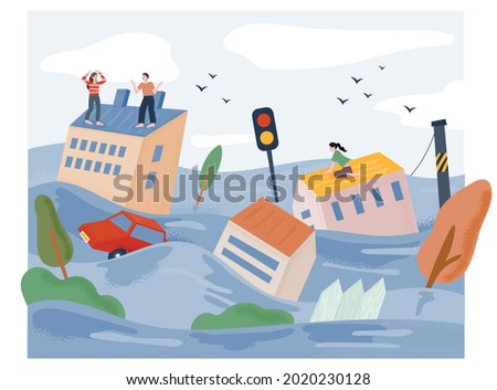 Floods flood the city and wash away houses. People are calling for help from the roof. flat design style vector illustration.