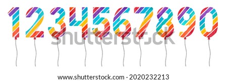 Rainbow Number Balloons (1, 2, 3, 4, 5, 6, 7, 8, 9, 0) with colourful striped ornament. Hand painted watercolour drawing on white background, isolated clip art elements for bright creative design.