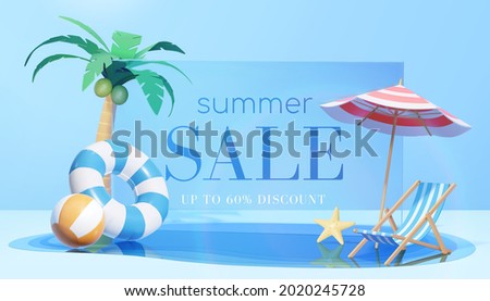 3d refreshing summer sale template. Composition of blue glass board with cute beach object and swimming pool. Concept of island vacation. Royalty-Free Stock Photo #2020245728