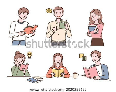 Collection of people reading a book. outline simple vector illustration.