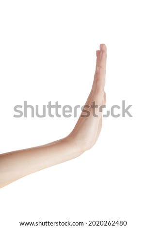 Female hand stop gesture. On white background